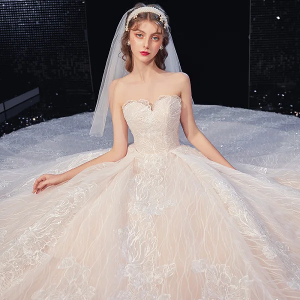 Charming Ivory Lace Flower Wedding Dresses 2020 Ball Gown Strapless Sequins Sleeveless Backless Royal Train