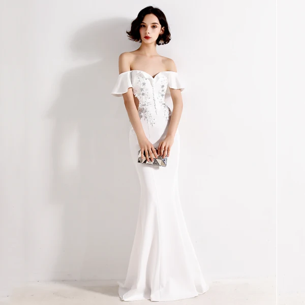 Chic / Beautiful Burgundy Evening Dresses 2020 Trumpet / Mermaid Off-The-Shoulder Beading Lace Flower Short Sleeve Backless Floor-Length / Long Formal Dresses