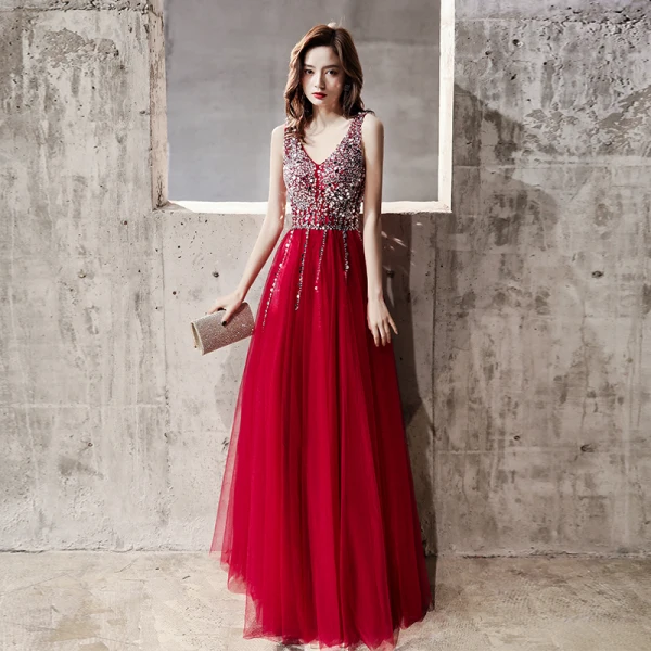 Charming Burgundy Evening Dresses  2020 A-Line / Princess V-Neck Sequins Sleeveless Backless Floor-Length / Long Formal Dresses