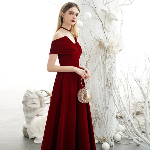 Chic / Beautiful Burgundy Suede Evening Dresses 2020 A-Line / Princess High Neck Off-The-Shoulder Short Sleeve Backless Floor-Length / Long Formal
