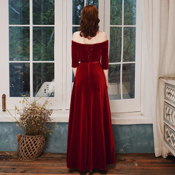 Elegante Burgunderrot Abendkleider 2020 A Linie Wildleder Off Shoulder 1/2 Ärmel Rückenfreies Lange Festliche Kleider