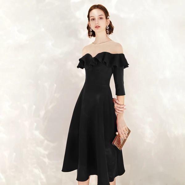 Chic / Belle Noire Robe De Soirée 2020 Princesse Daim Encolure Dégagée 1/2 Manches Mi-Longues Robe De Ceremonie
