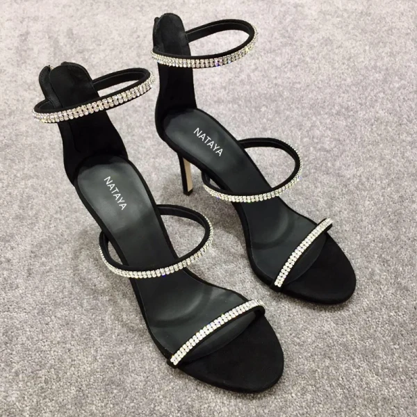 Sexy Black Cocktail Party Womens Sandals 2020 Rhinestone 10 cm Stiletto Heels Open / Peep Toe Sandals