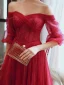 Charmant Bordeaux Robe De Soirée 2020 Princesse De l'épaule Perlage Paillettes En Dentelle Fleur 1/2 Manches Dos Nu Longue Robe De Ceremonie