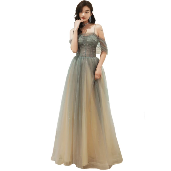 Elegant Army Green Evening Dresses  2020 A-Line / Princess Spaghetti Straps Beading Sequins Short Sleeve Backless Floor-Length / Long Formal Dresses