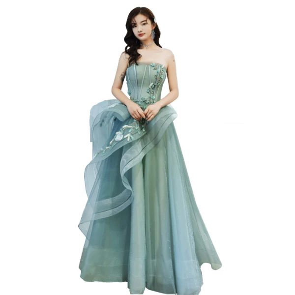 Elegant Mint Green Evening Dresses 2020 A-Line / Princess Strapless Beading Appliques Sleeveless Backless Cascading Ruffles Floor-Length / Long Formal Dresses