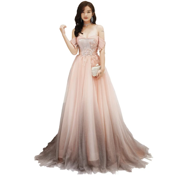 Fashion Blushing Pink Evening Dresses 2020 A-Line / Princess Off-The-Shoulder Beading Sequins Lace Flower Sleeveless Backless Sweep Train Formal Dresses