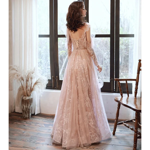 Charmant Rougissant Rose Robe De Soirée 2020 Princesse Encolure Dégagée Perlage Paillettes En Dentelle Fleur Manches Longues Dos Nu Longue Robe De Ceremonie