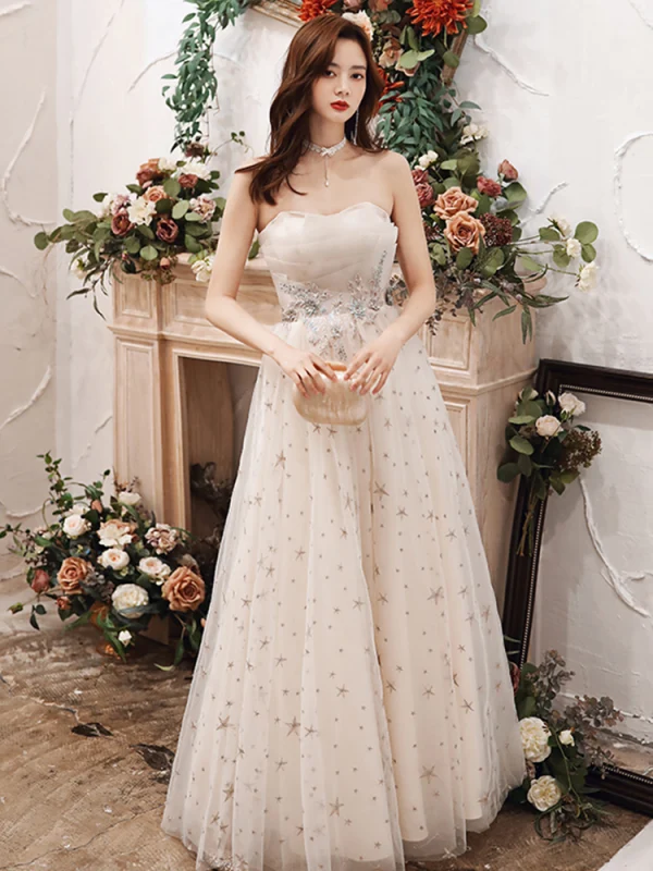 Fashion Champagne Evening Dresses  2020 A-Line / Princess Strapless Beading Star Lace Flower Sleeveless Backless Floor-Length / Long Formal Dresses
