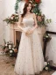 Fashion Champagne Evening Dresses  2020 A-Line / Princess Strapless Beading Star Lace Flower Sleeveless Backless Floor-Length / Long Formal Dresses