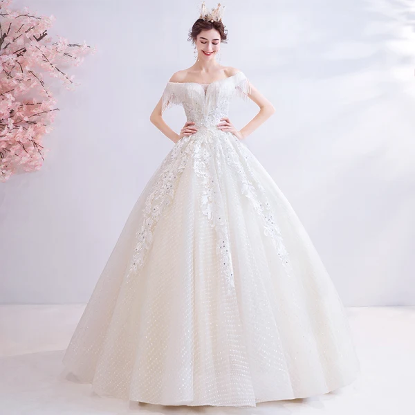 Charmant Ivory / Creme Brautkleider / Hochzeitskleider 2020 Ballkleid Off Shoulder Perlenstickerei Kristall Quaste Pailletten Spitze Blumen Kurze Ärmel Rückenfreies Lange