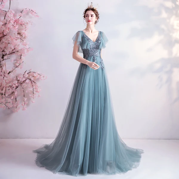 Élégant Bleu D'encre Robe De Bal 2020 Princesse V-Cou Perlage Paillettes En Dentelle Fleur Manches Courtes Dos Nu Train De Balayage Robe De Ceremonie