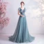 Élégant Bleu D'encre Robe De Bal 2020 Princesse V-Cou Perlage Paillettes En Dentelle Fleur Manches Courtes Dos Nu Train De Balayage Robe De Ceremonie