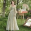 Chic / Beautiful Sage Green Pearl Lace Flower Bridesmaid Dresses 2021 A-Line / Princess Off-The-Shoulder Short Sleeve Backless Floor-Length / Long Bridesmaid Wedding Party Dresses