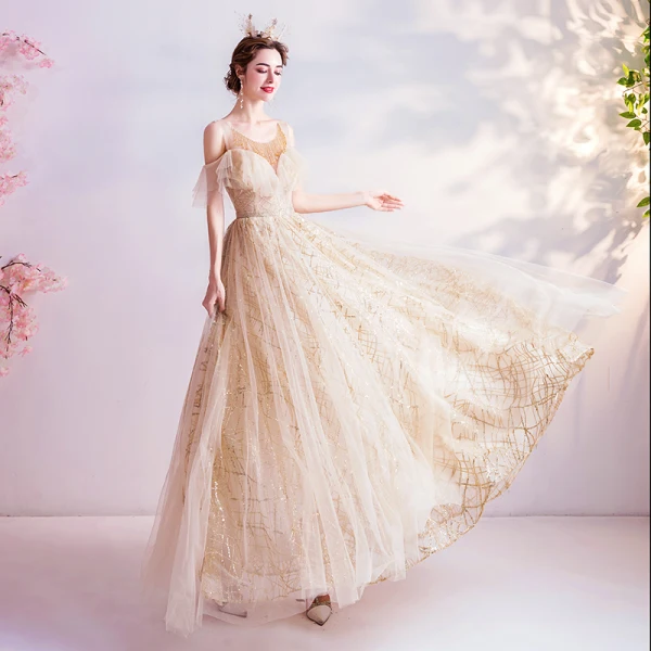 Charmant Doré Robe De Bal 2020 Princesse Encolure Dégagée Perlage Cristal Gland Paillettes Manches Courtes Dos Nu Longue Robe De Ceremonie