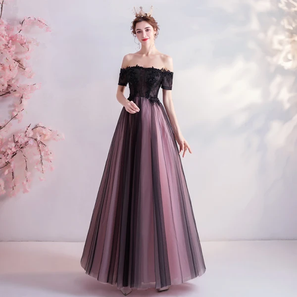 Charming Black Prom Dresses 2020 A-Line / Princess Off-The-Shoulder Crystal Lace Flower Short Sleeve Backless Floor-Length / Long Formal Dresses