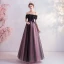 Charming Black Prom Dresses 2020 A-Line / Princess Off-The-Shoulder Crystal Lace Flower Short Sleeve Backless Floor-Length / Long Formal Dresses