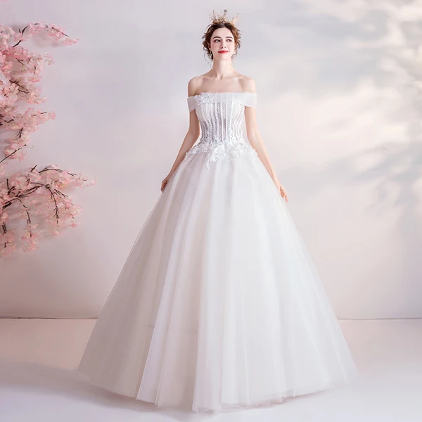 Affordable Ivory Wedding Dresses 2020 Ball Gown Off-The-Shoulder Crystal Lace Flower Appliques Sleeveless Backless Floor-Length / Long