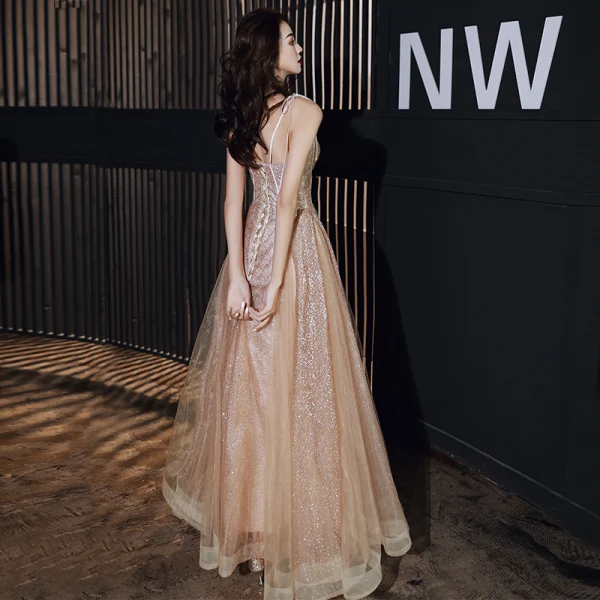 Sparkly Rose Gold Evening Dresses 2020 A-Line / Princess Spaghetti Straps  Glitter Sequins Sleeveless Backless Floor-