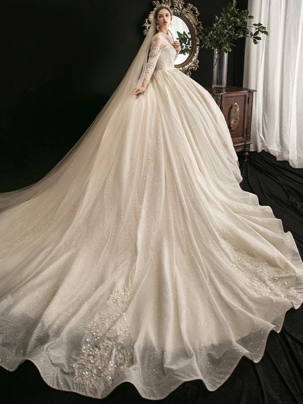 Charming Champagne Ball Gown Glitter Wedding Dresses 2020 Scoop Neck Beading Sequins Lace Flower 3/4 Sleeve Backless Cathedral Train