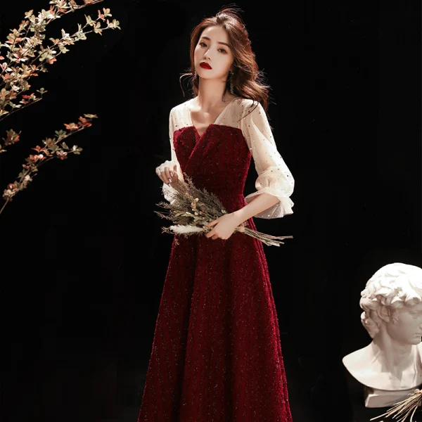 Fashion Burgundy Evening Dresses 2020 A-Line / Princess V-Neck Glitter Beading Star Sequins 3/4 Sleeve Floor-Length / Long Formal Dresses