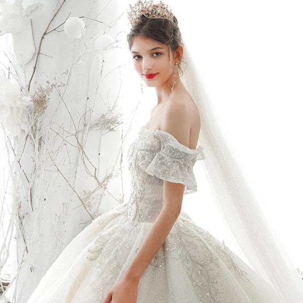 Luxury / Gorgeous Ivory Wedding Dresses 2020 Ball Gown Off-The-Shoulder Beading Glitter Sequins Pearl Lace Flower Short Sleeve Backless Royal Train