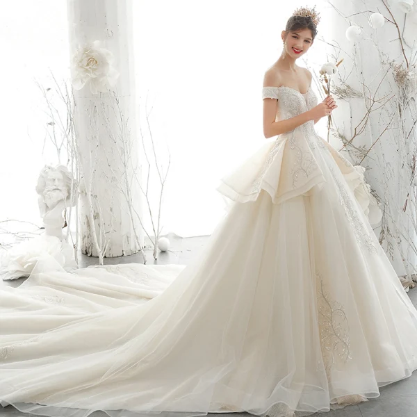 Luxury / Gorgeous Champagne Wedding Dresses 2020 A-Line / Princess Off-The-Shoulder Beading Rhinestone Sequins Lace Flower Sleeveless Backless Royal Train