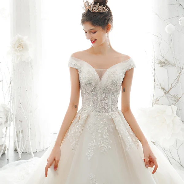 Luxury / Gorgeous Champagne Wedding Dresses 2020 Ball Gown Off-The-Shoulder Beading Rhinestone Sequins Lace Flower Appliques Sleeveless Backless Royal Train