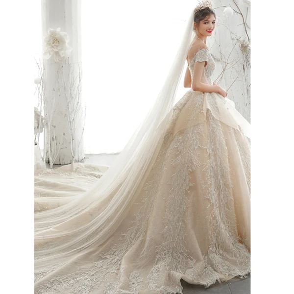 Luxury / Gorgeous High-end Champagne Wedding Dresses 2020 Ball Gown Beading Pearl Rhinestone Lace Flower Scoop Neck Short Sleeve Backless Royal Train