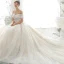 Luxury / Gorgeous Champagne Wedding Dresses 2020 A-Line / Princess Off-The-Shoulder Beading Pearl Sequins Lace Flower Appliques Short Sleeve Backless Royal Train