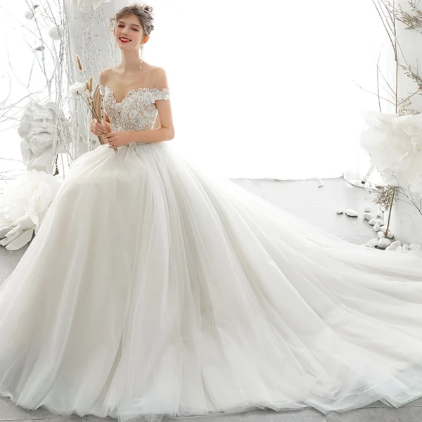 Elegant Ivory Wedding Dresses 2020 A-Line / Princess Scoop Neck Beading Pearl Rhinestone Lace Flower Short Sleeve Backless Chapel Train