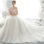 Elegant Ivory Wedding Dresses 2020 A-Line / Princess Scoop Neck Beading Pearl Rhinestone Lace Flower Short Sleeve Backless Chapel Train