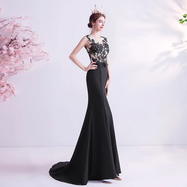 Elegant Black Evening Dresses 2020 Trumpet / Mermaid Scoop Neck Lace Flower Sleeveless Sweep Train Formal Dresses