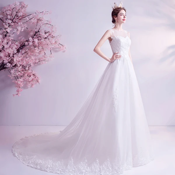 Abordable Ivoire Robe De Mariée 2020 Princesse Encolure Dégagée En Dentelle Fleur Sans Manches Chapel Train