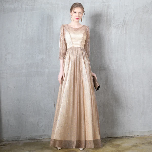 Charming Burgundy Evening Dresses 2020 A-Line / Princess Scoop Neck Star Sequins Ruffle 3/4 Sleeve Floor-Length / Long Formal Dresses