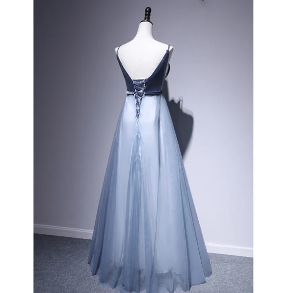 Chic / Belle Bleu D'encre Robe De Soirée 2020 Princesse Daim Bretelles Spaghetti Sans Manches Dos Nu Longue Robe De Ceremonie