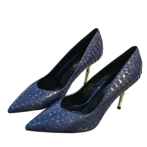 Schöne Marineblau Strassenmode Leder Pumps 2020 Schlangenhautmuster 7 cm Stilettos Spitzschuh Pumps