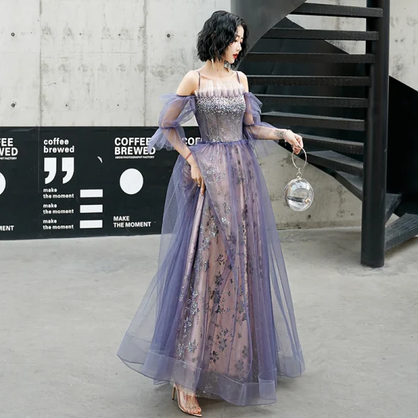 Charming Purple Evening Dresses  2020 Ball Gown A-Line / Princess Spaghetti Straps Beading Lace Sequins Flower Short Sleeve Backless Floor-Length / Long Formal Dresses