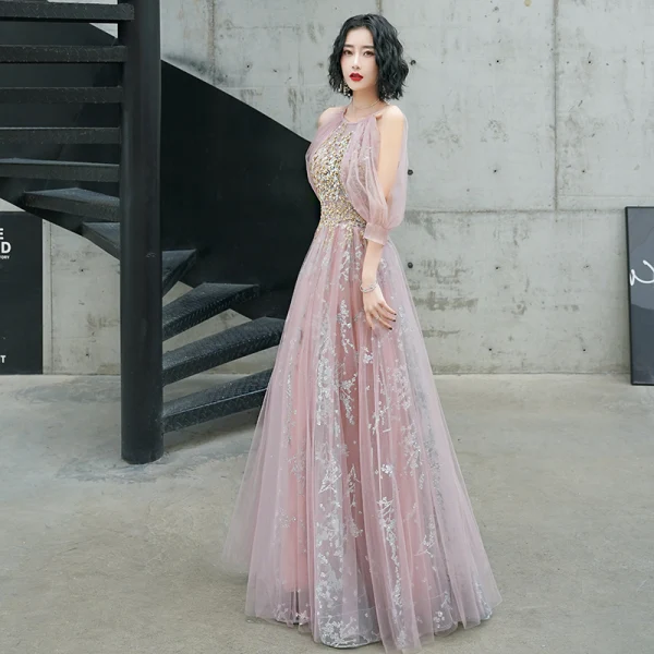 Fashion Blushing Pink Evening Dresses  2020 A-Line / Princess Halter Beading Glitter Sequins Lace Flower Short Sleeve Backless Floor-Length / Long Formal Dresses