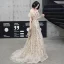 Charming Champagne Evening Dresses  2020 A-Line / Princess Spaghetti Straps Sequins Lace Flower Short Sleeve Backless Sweep Train Formal Dresses
