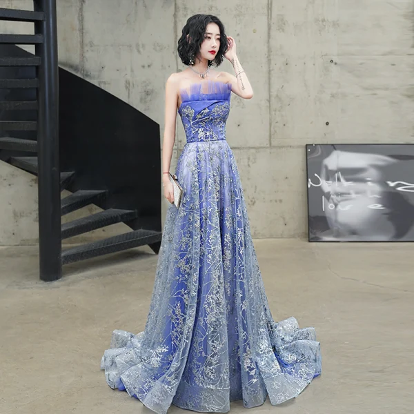 Glitzernden Meeresblau Abendkleider 2020 A Linie Bandeau Glanz Perlenstickerei Pailletten Ärmellos Rückenfreies Hof-Schleppe Festliche Kleider