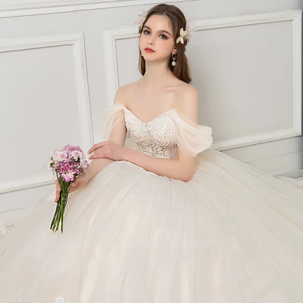 Elegant Champagne Wedding Dresses 2018 Ball Gown Lace Flower Beading Crystal Pearl Off-The-Shoulder Backless Sleeveless Floor-Length / Long Wedding