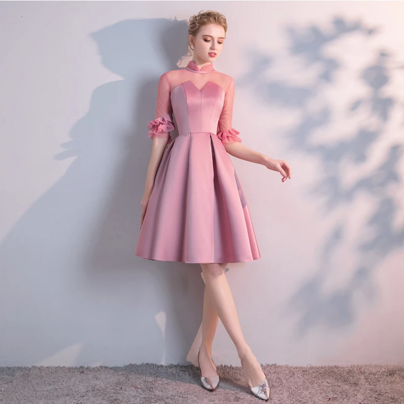 white christmas dresses Lace Blushing Pink Formal Dresses Knee Length Wedding Party Dress main image 0