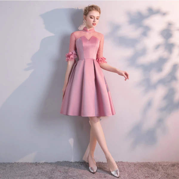 Chic / Beautiful Candy Pink Homecoming Graduation Dresses 2020 A-Line / Princess High Neck 1/2 Sleeves Knee-Length Formal Dresses