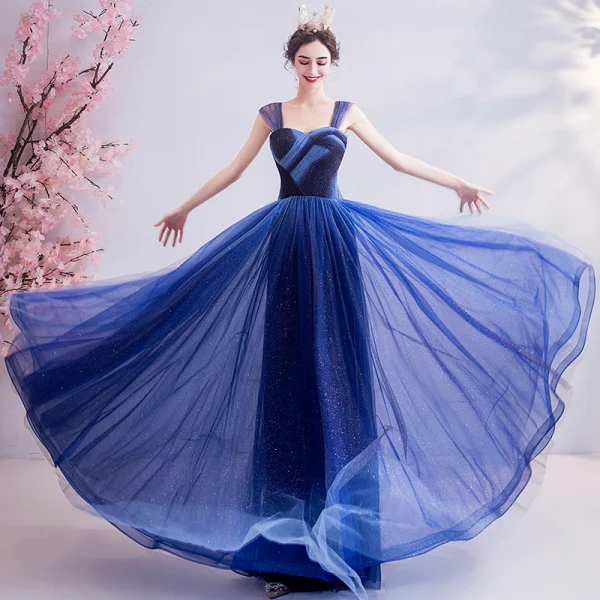Elegant Ocean Blue Glitter Evening Dresses  2020 A-Line / Princess Spaghetti Straps Sleeveless Backless Floor-Length / Long Formal Dresses