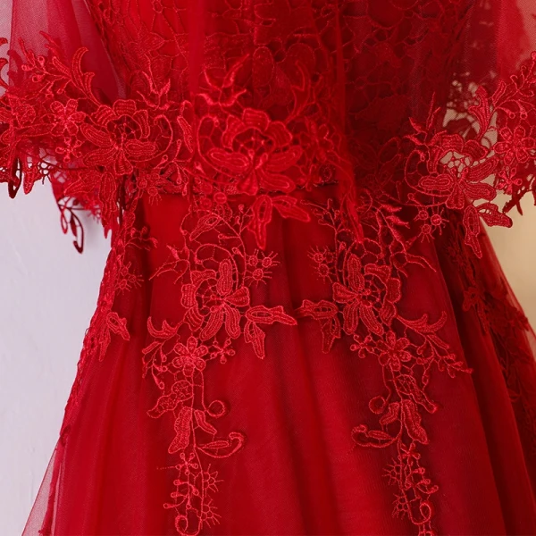 Chic / Belle Rouge Robe De Ceremonie 2017 En Dentelle Fleur Amoureux 1/2 Manches Dos Nu Asymétrique Princesse Robe De Soirée