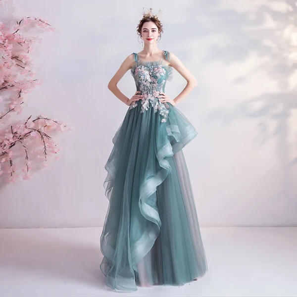 Moda Limonkowy Sukienki Wieczorowe 2020 Princessa Spaghetti Pasy Perła Rhinestone Z Koronki Kwiat Bez Rękawów Bez Pleców Kaskadowe Falbany Długie Sukienki Wizytowe