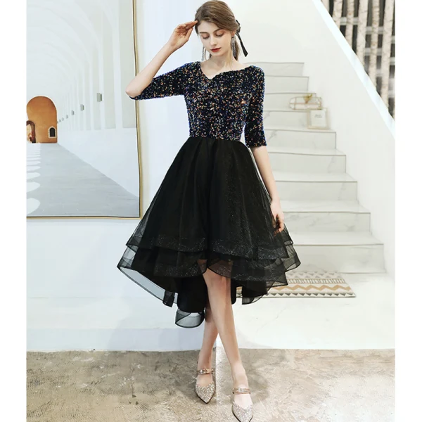Fashion Black Cocktail Dresses 2020 A-Line / Princess V-Neck Sequins Bow 1/2 Sleeves Asymmetrical Formal Dresses