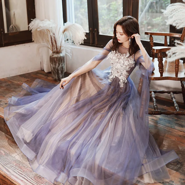 Elegant Ocean Blue Evening Dresses 2020 A-Line / Princess Scoop Neck Appliques Lace Flower Beading Sequins Sleeveless Backless Floor-Length / Long Formal Dresses