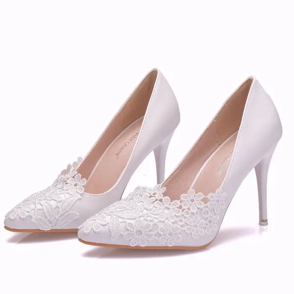 Affordable White Wedding Pumps 2020 Lace Flower 9 cm Stiletto Heels Pointed Toe Womens Shoes